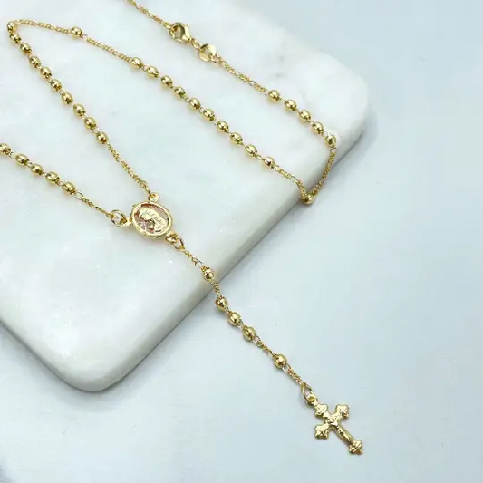 18K Beaded Rosary Necklace with Mary Medal
