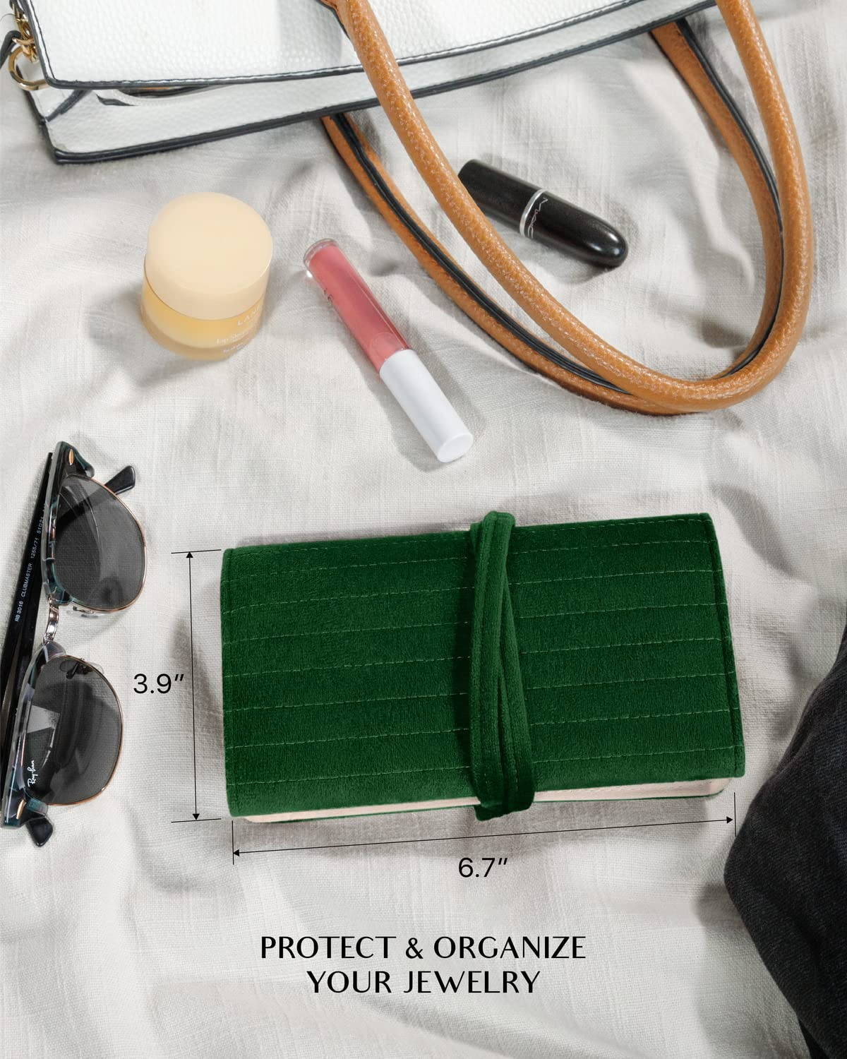 Emerald Velvet Jewelry Roll Organizer