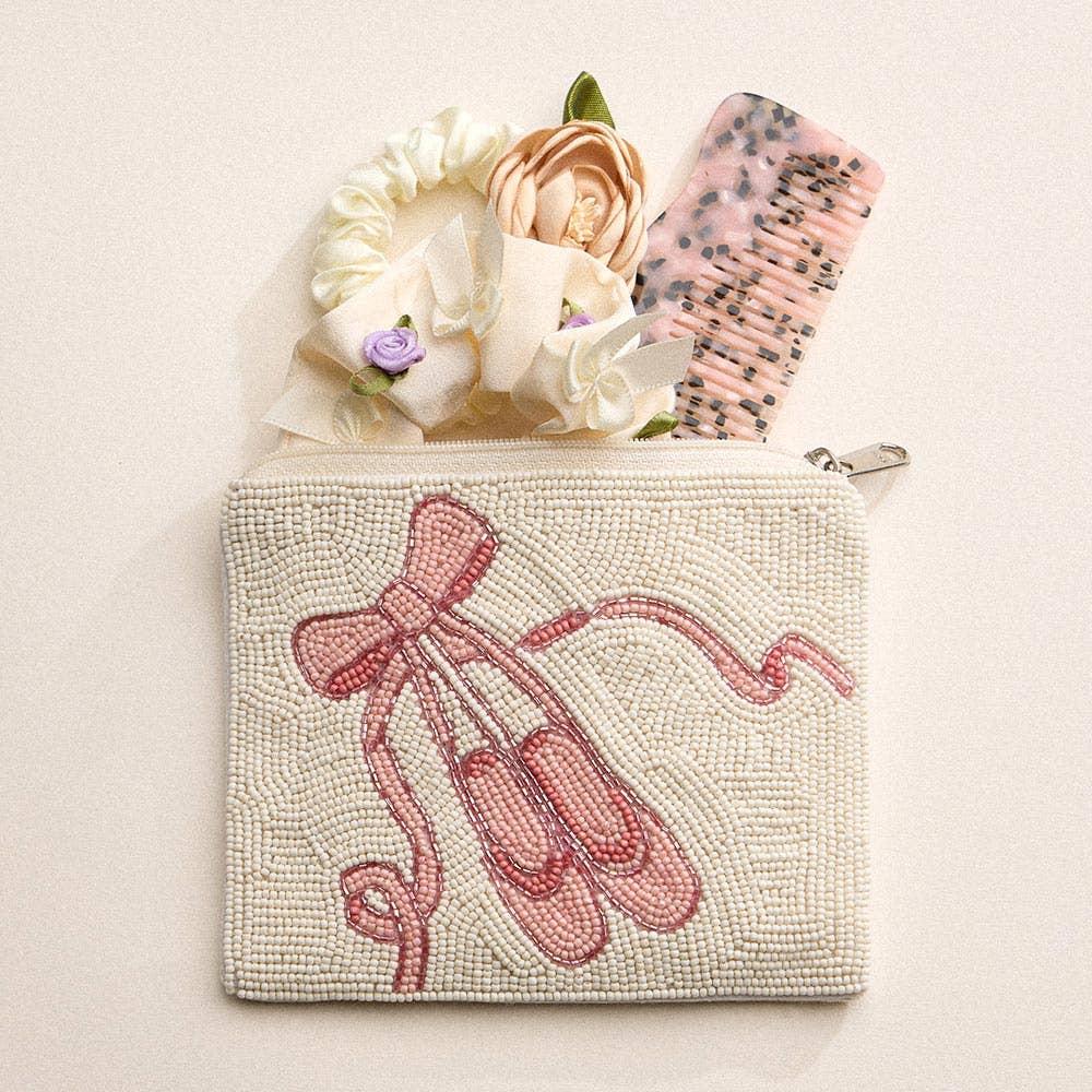 Ballet Slipper Bow Seed Beaded Mini Pouch Bag