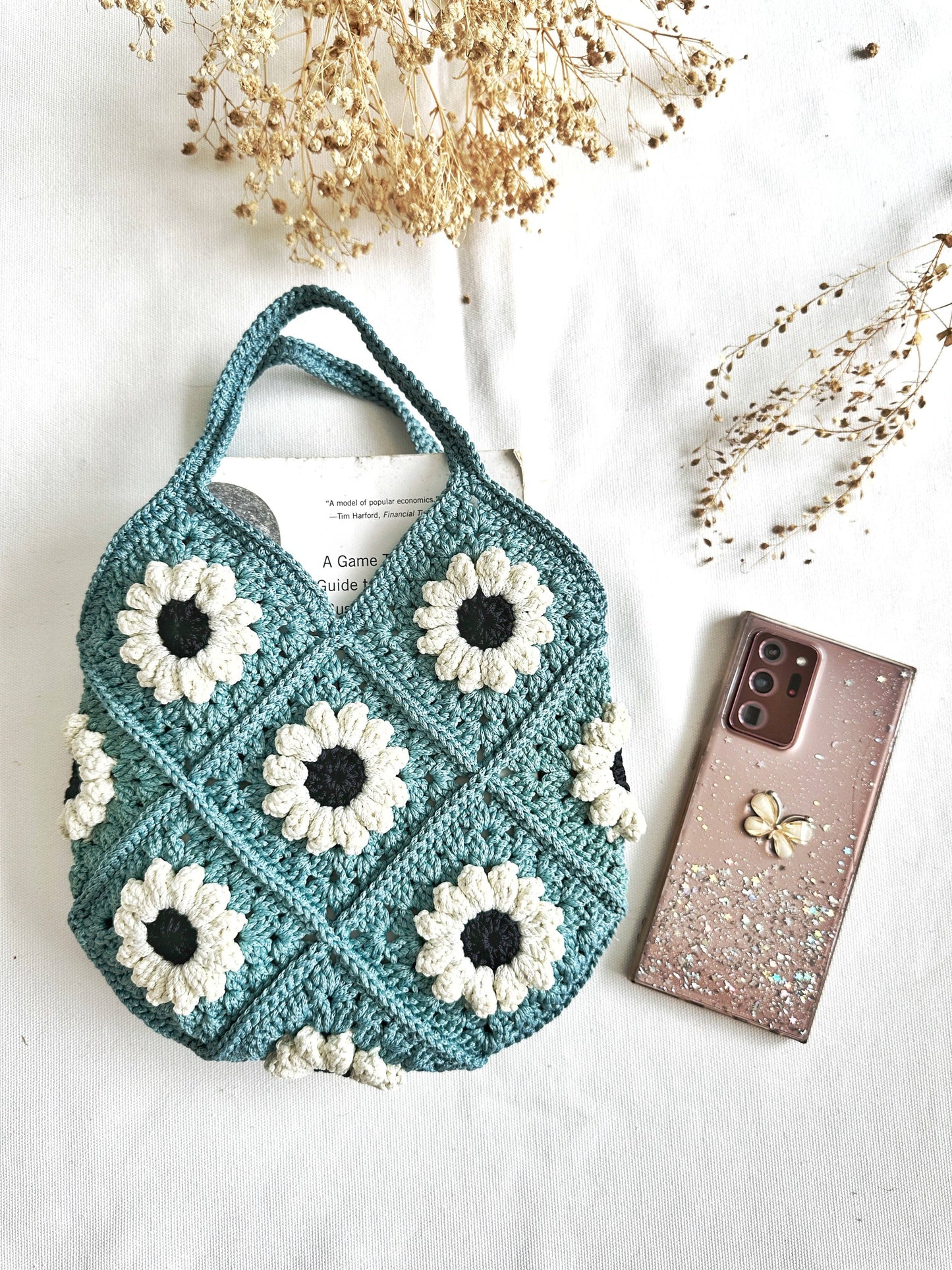 Hand-Crochet Daisy Mini Blue Tote Bag