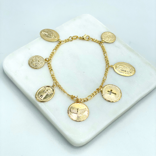 Religious Medal Charms Bracelet, La Milagrosa, Virgin Guadalupe, El Divino Nino, Dove, "Our Father" Prayer 18k Gold Filled