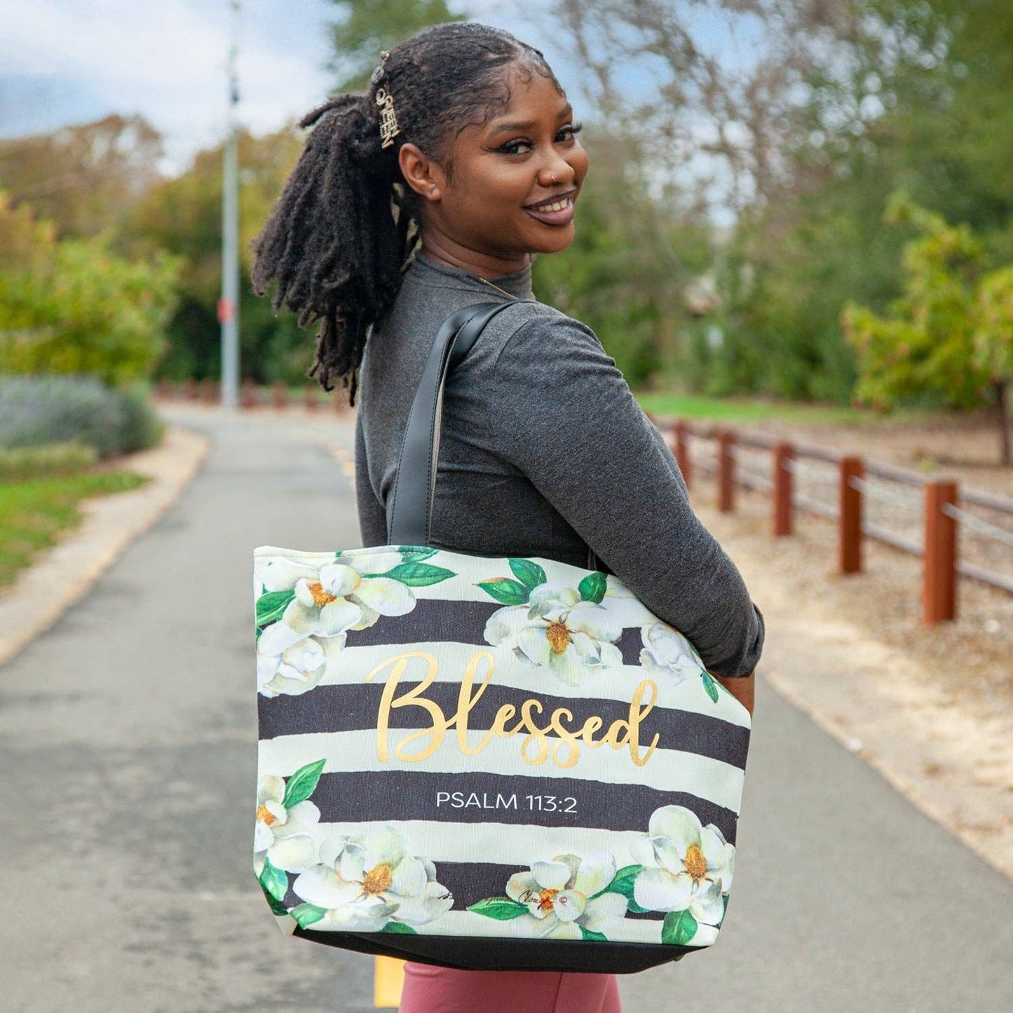 White Magnolias Blessed (Psalm 113:2) Canvas Handbag