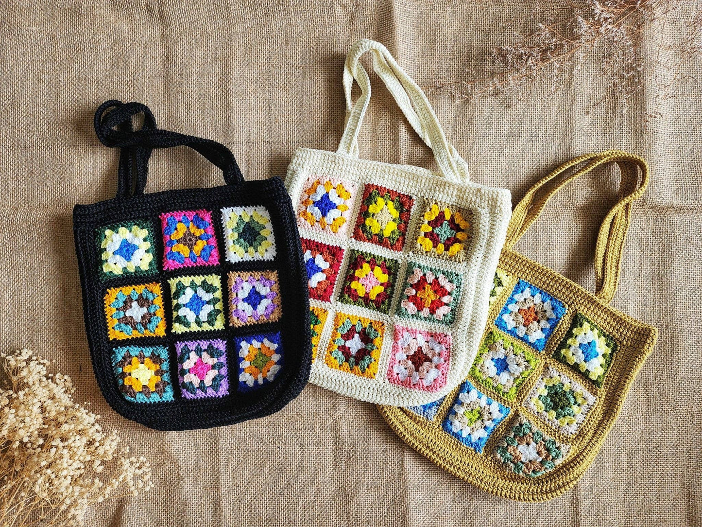 Hand-Crochet Bohemian Style Granny Square Bag: White