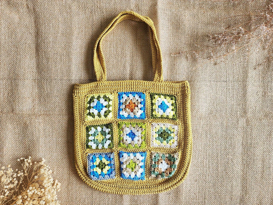 Hand-Crochet Bohemian Style Granny Square Bag: Beige