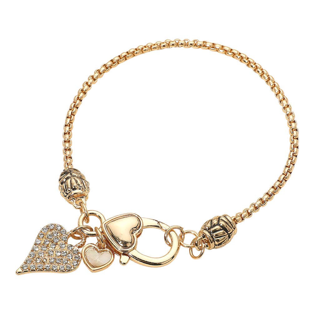Elegant Crystal Accent Heart Charm Bracelet: Gold