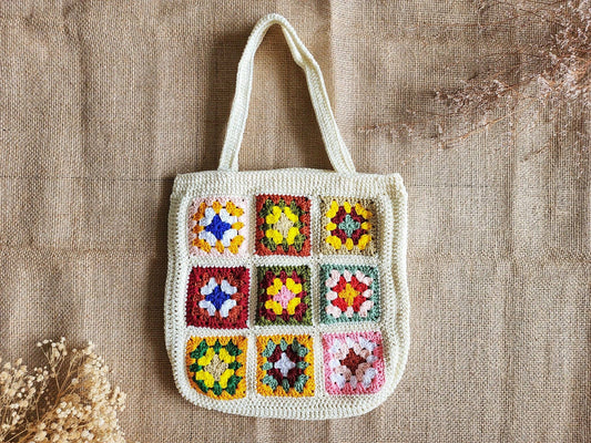 Hand-Crochet Bohemian Style Granny Square Bag: White