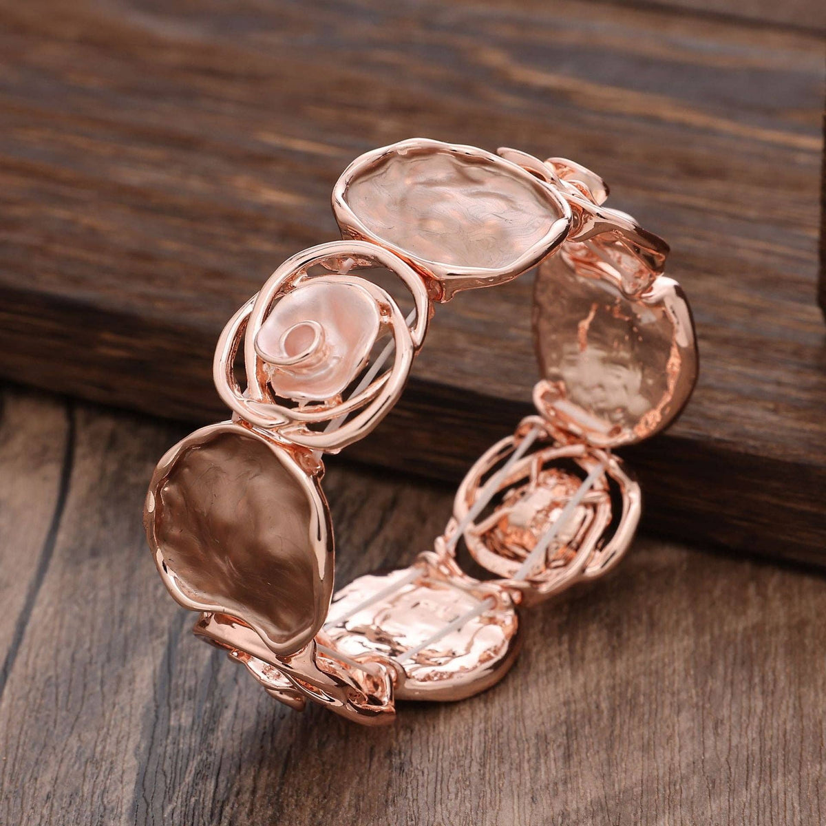 Hand-Painted Geometric Rose Stretch Bangle - Champagne