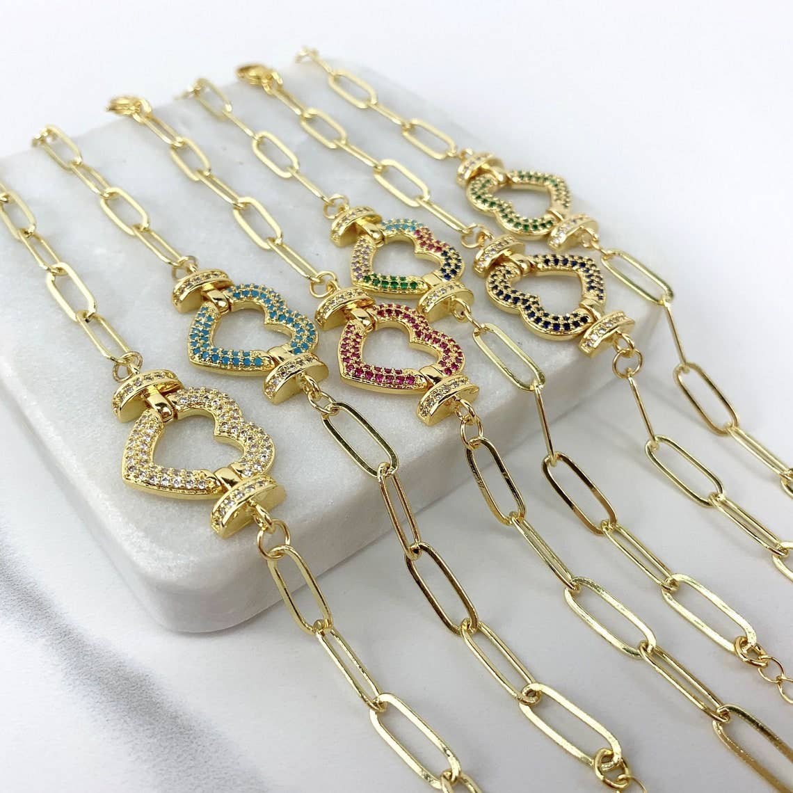 Blue Paperclip Link and Colored CZ Bracelet 18k Gold Filled