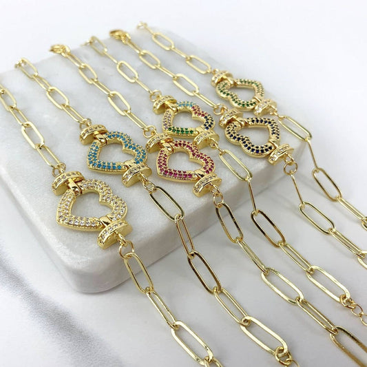 Blue Paperclip Link and Colored CZ Bracelet 18k Gold Filled