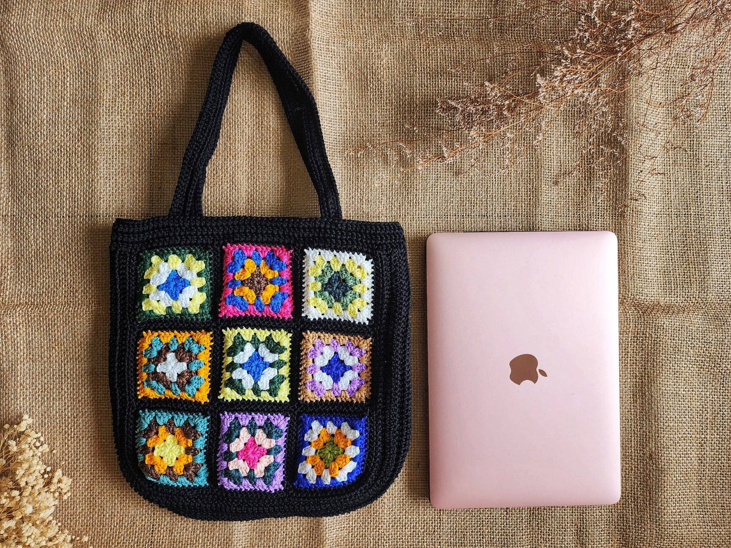 Hand-Crochet Bohemian Style Granny Square Bag: White