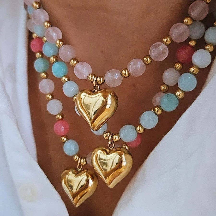 Pink Heart Lucite Beaded Braided Necklace