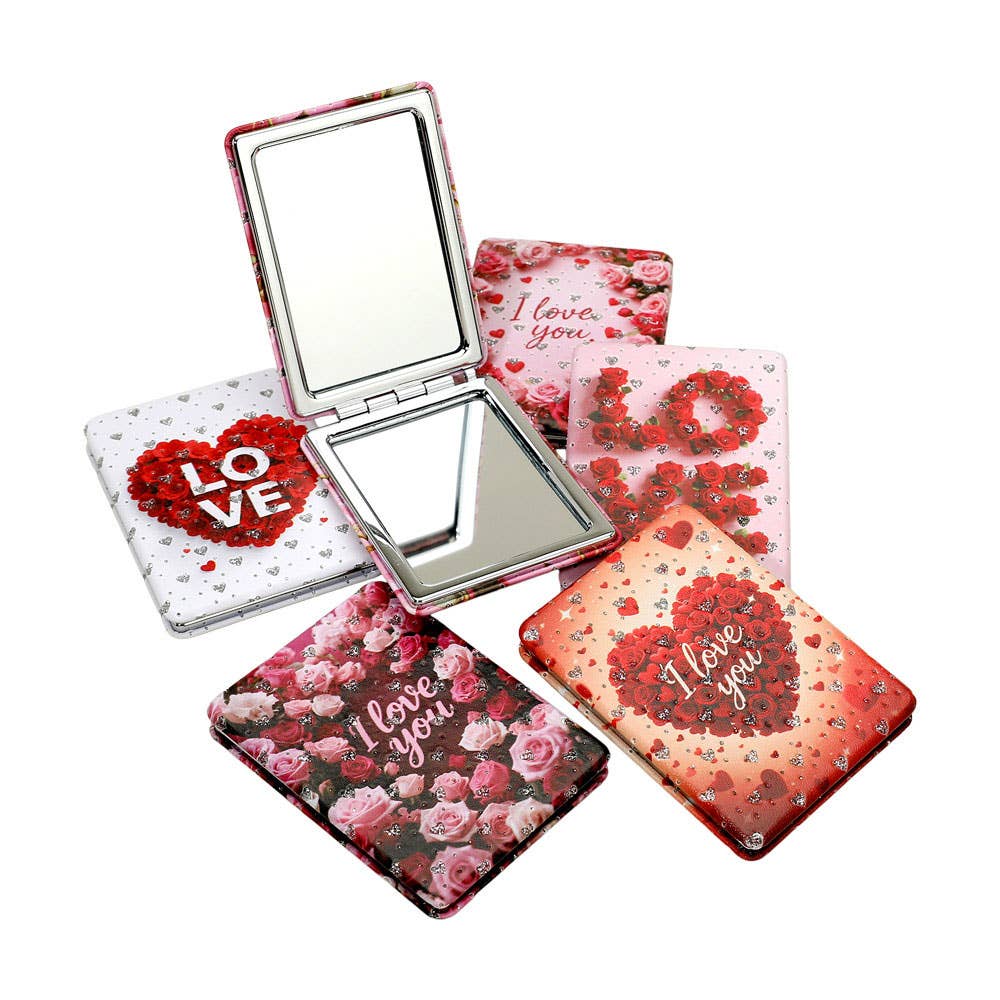 Glittered LOVE Message Heart Floral Printed Compact Mirrors