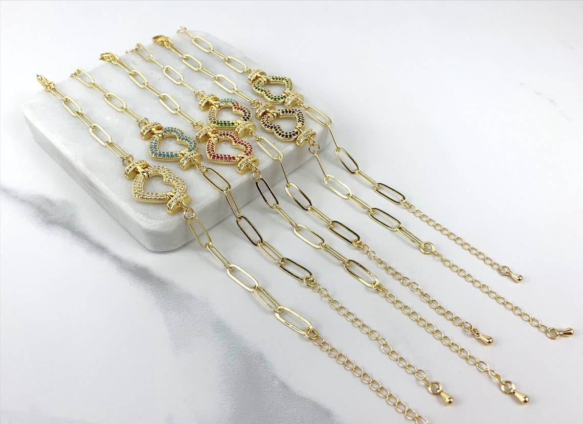 Blue Paperclip Link and Colored CZ Bracelet 18k Gold Filled