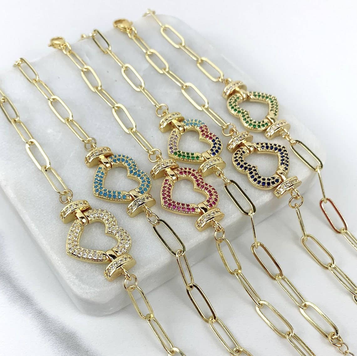 Blue Paperclip Link and Colored CZ Bracelet 18k Gold Filled