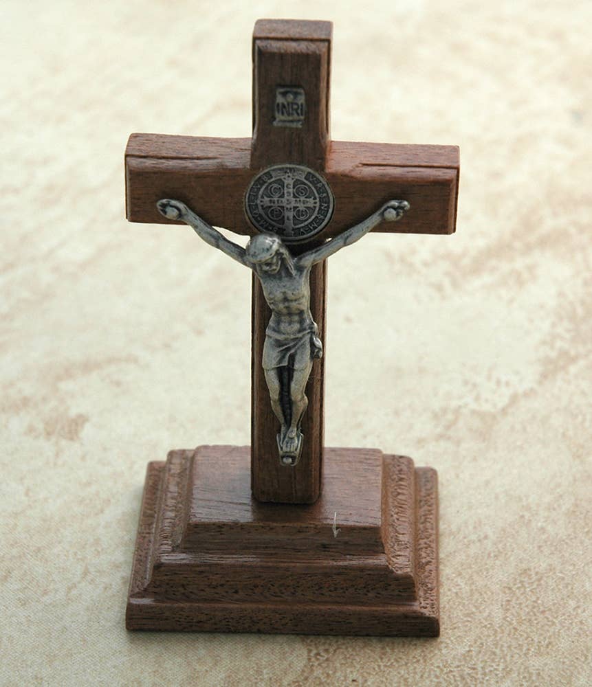 Silver Brazilian Benedict Wood Crucifix with Stand