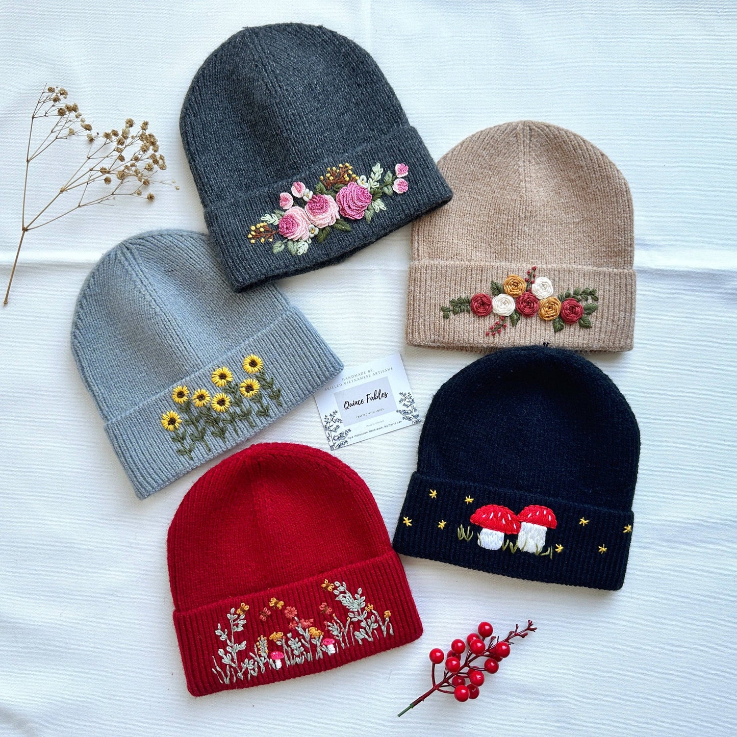 Charcoal Hand-Embroidered Beanie, Collection Noelle: 2. 3D Roses