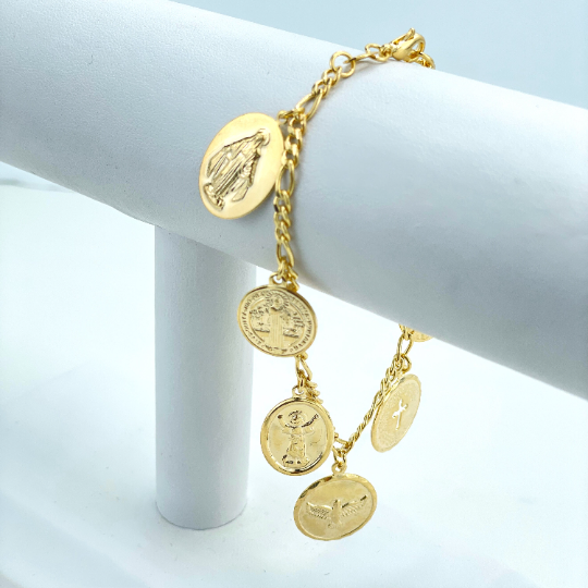 Religious Medal Charms Bracelet, La Milagrosa, Virgin Guadalupe, El Divino Nino, Dove, "Our Father" Prayer 18k Gold Filled