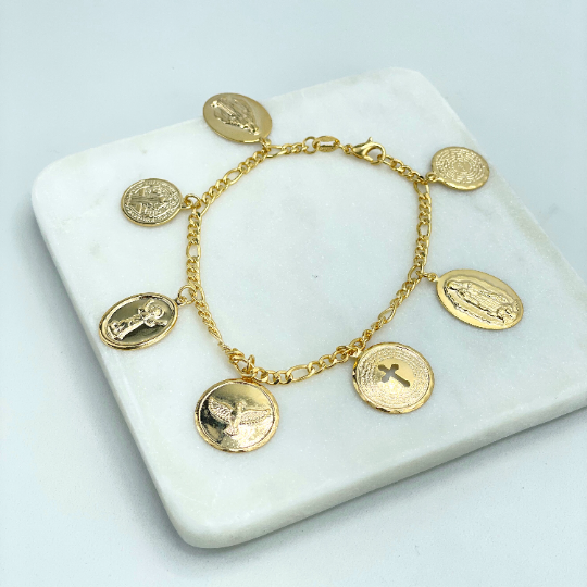 Religious Medal Charms Bracelet, La Milagrosa, Virgin Guadalupe, El Divino Nino, Dove, "Our Father" Prayer 18k Gold Filled