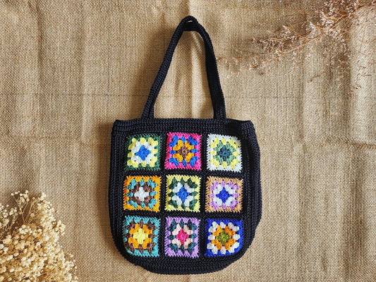 Hand-Crochet Bohemian Style Granny Square Bag: Black