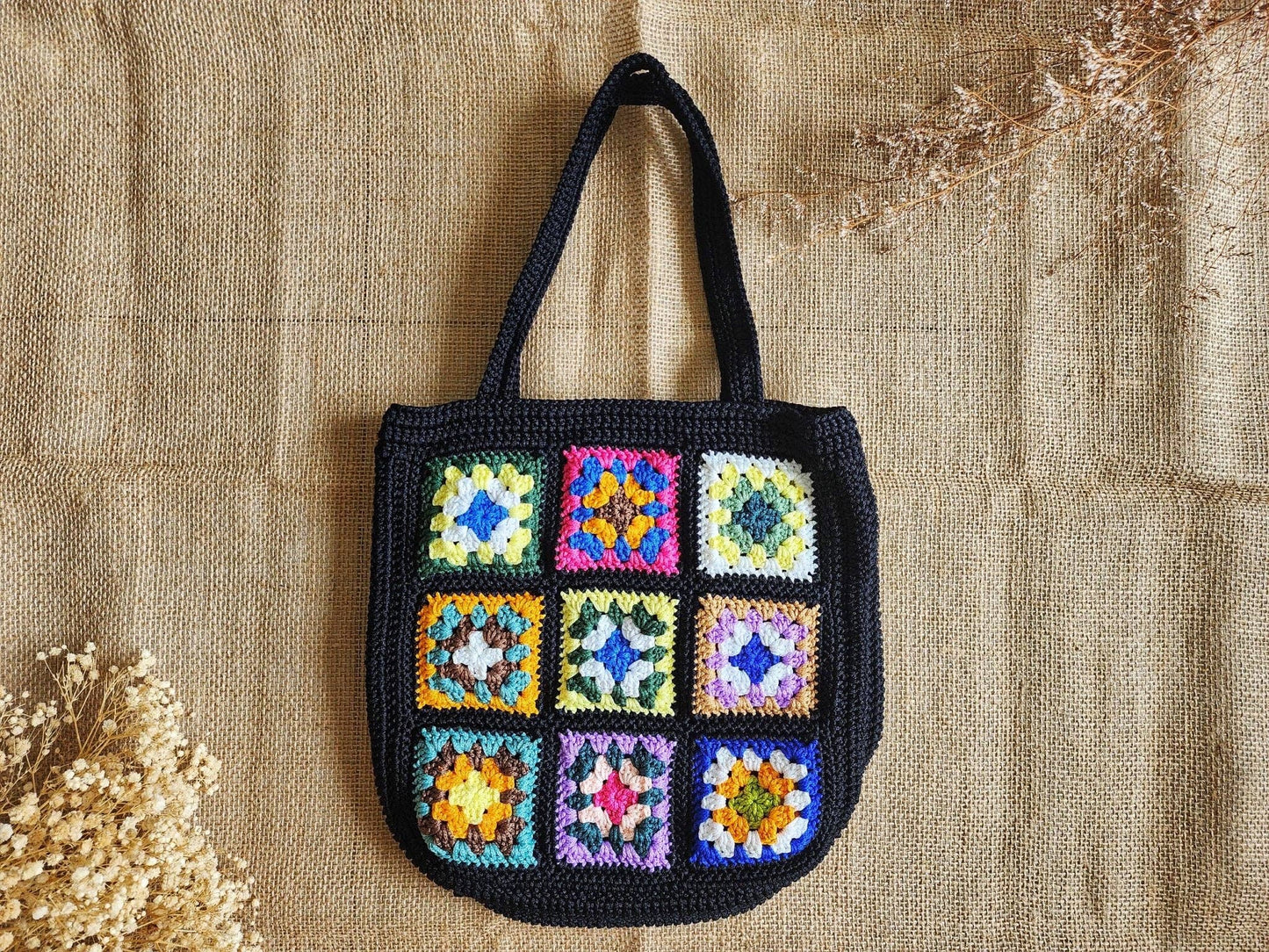 Hand-Crochet Bohemian Style Granny Square Bag: Beige