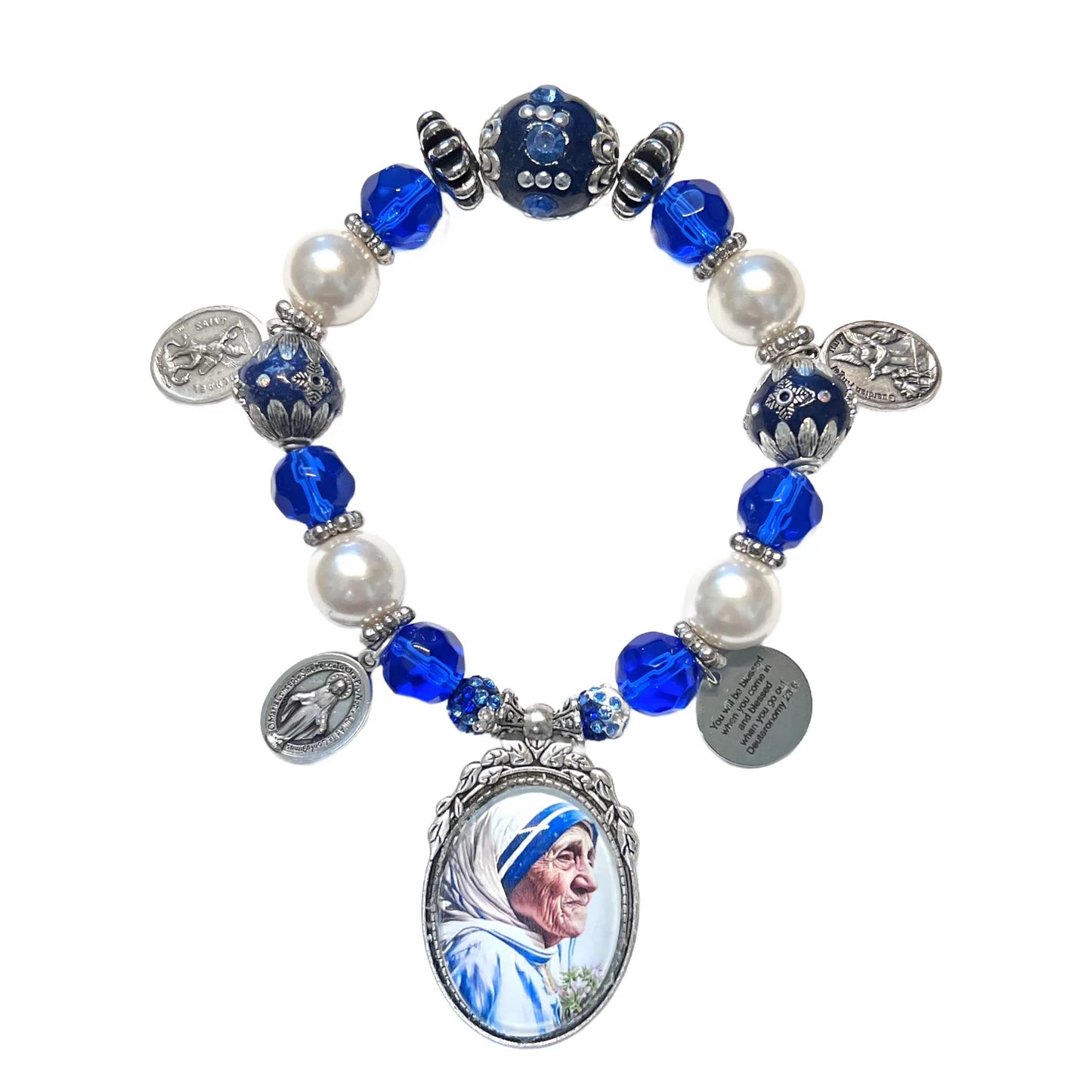 Door blessing Saint Mother Teresa blue & pearls