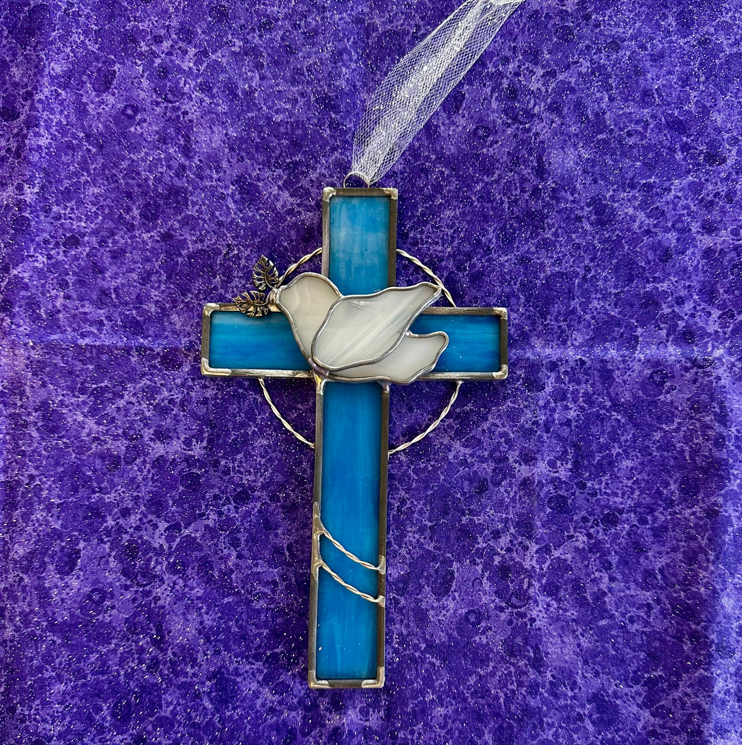 Cross with Dove stained glass hanging