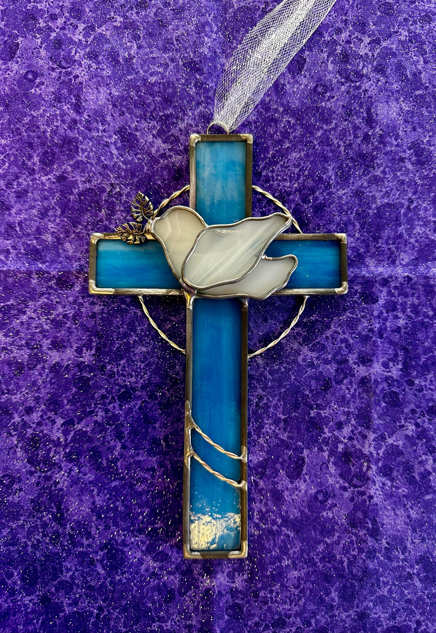 Cross with Dove stained glass hanging