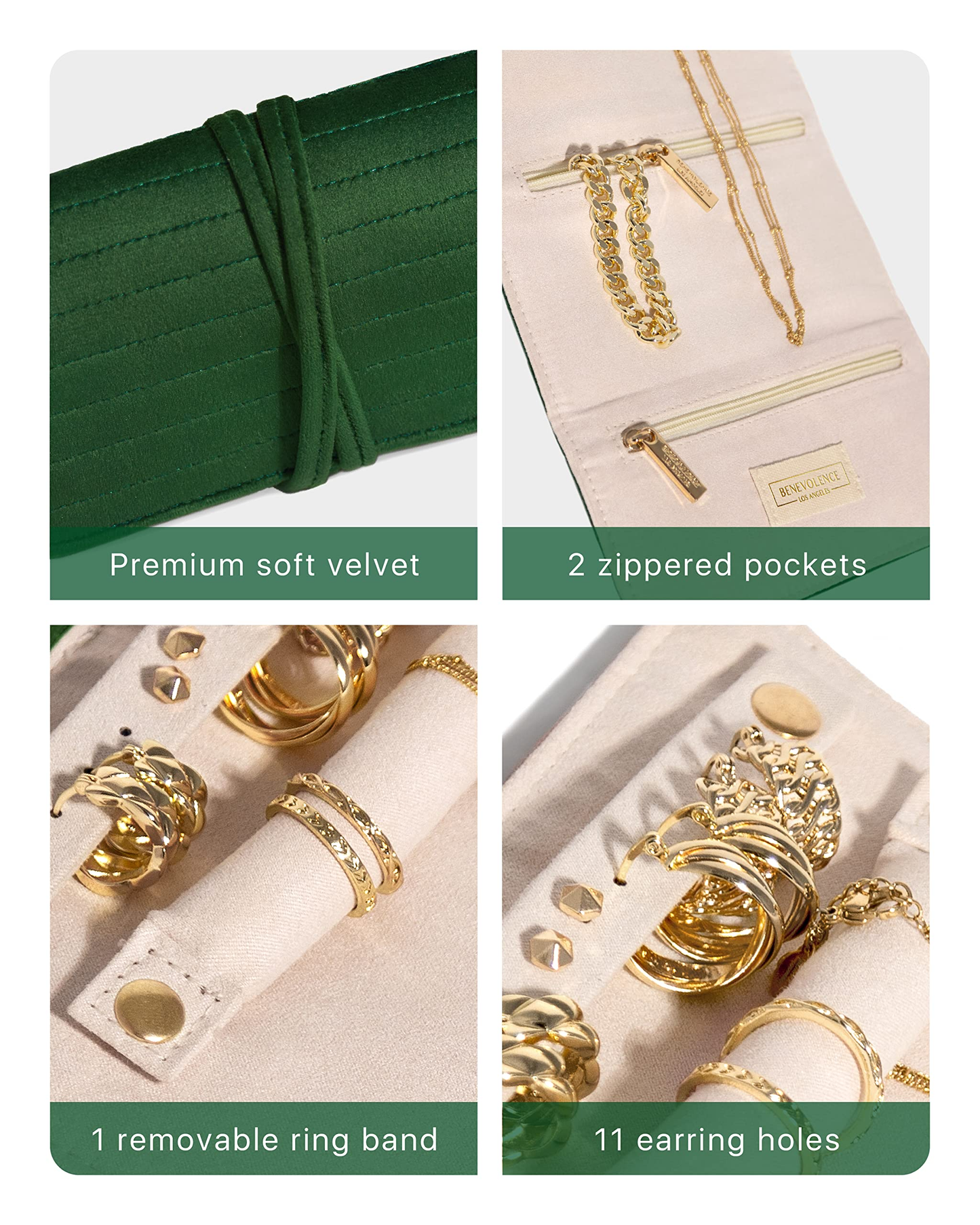 Emerald Velvet Jewelry Roll Organizer