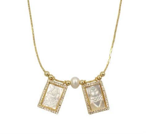 Mother of Pearl Scapular Necklace with White Zirconia, Beads, and Pearl