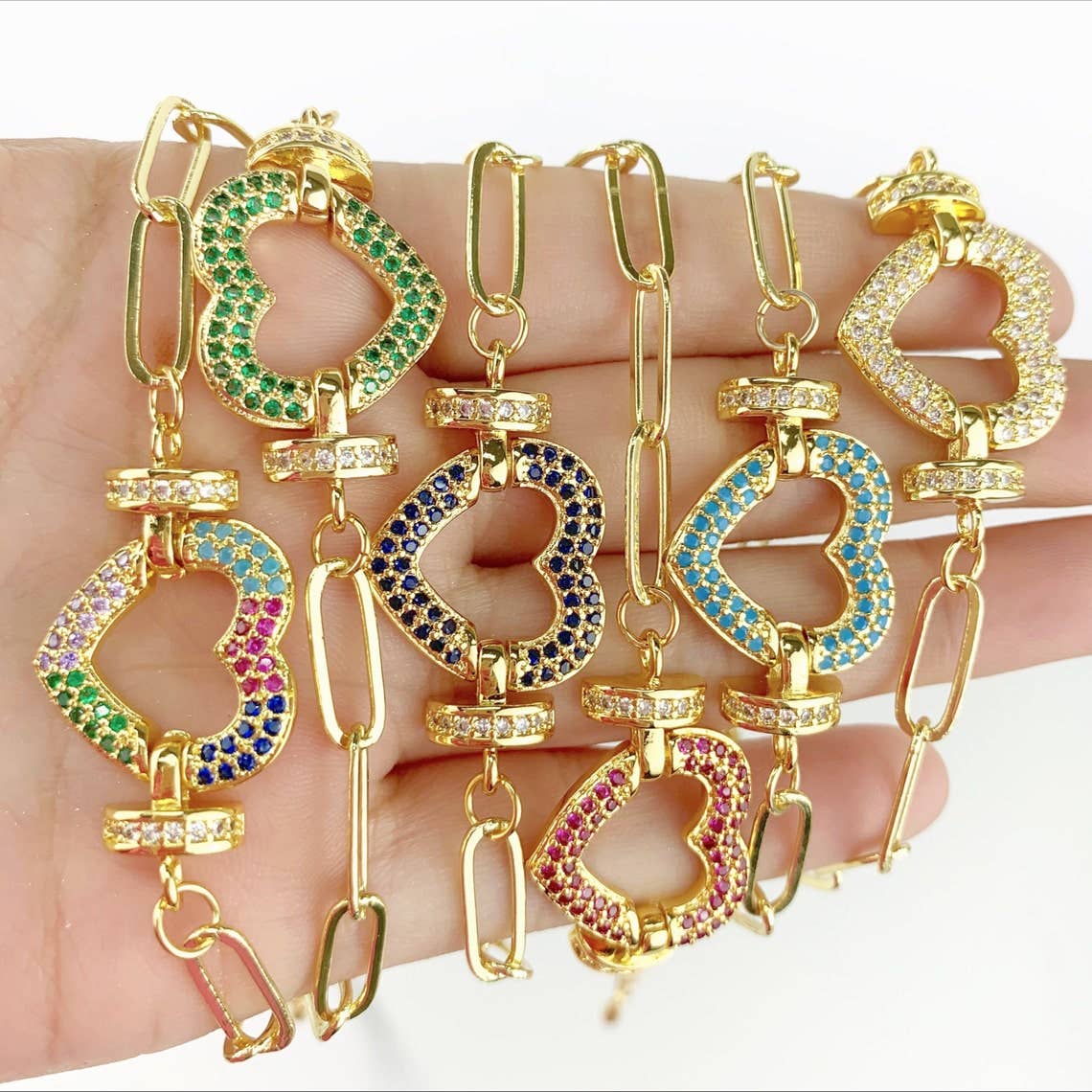 Blue Paperclip Link and Colored CZ Bracelet 18k Gold Filled