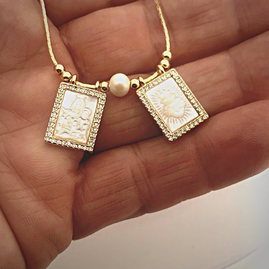 Mother of Pearl Scapular Necklace with White Zirconia, Beads, and Pearl