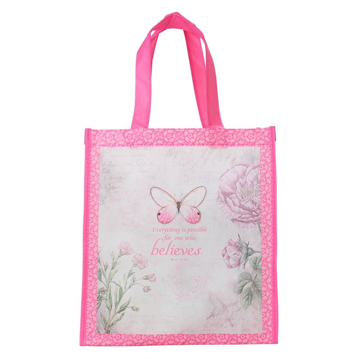 Tote Pink Floral/Butterfly Printed Believe Mark 9:23