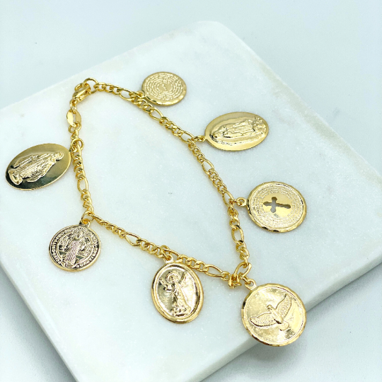 Religious Medal Charms Bracelet, La Milagrosa, Virgin Guadalupe, El Divino Nino, Dove, "Our Father" Prayer 18k Gold Filled