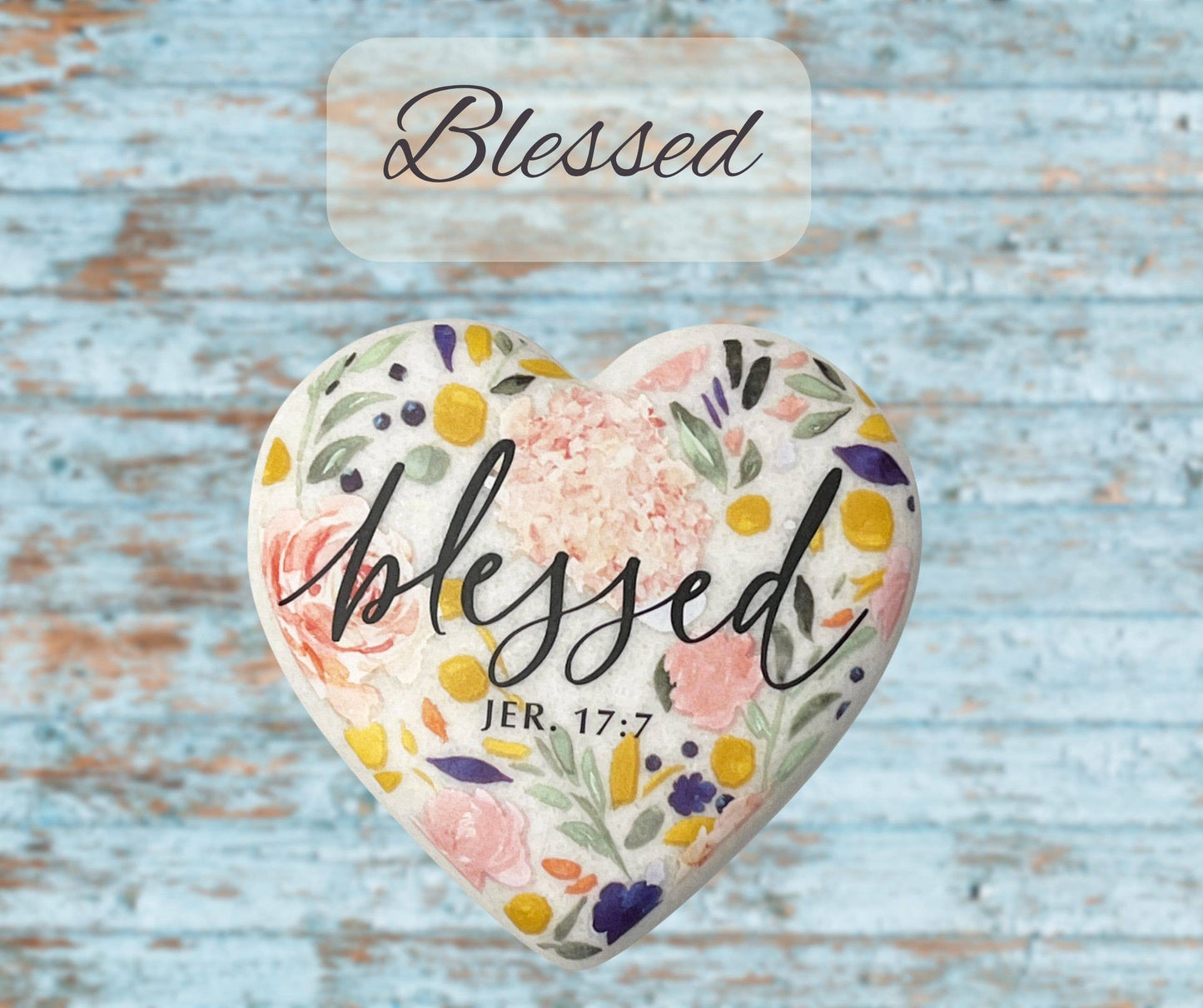 Heart Stone Floral Blessed Pink Blue
