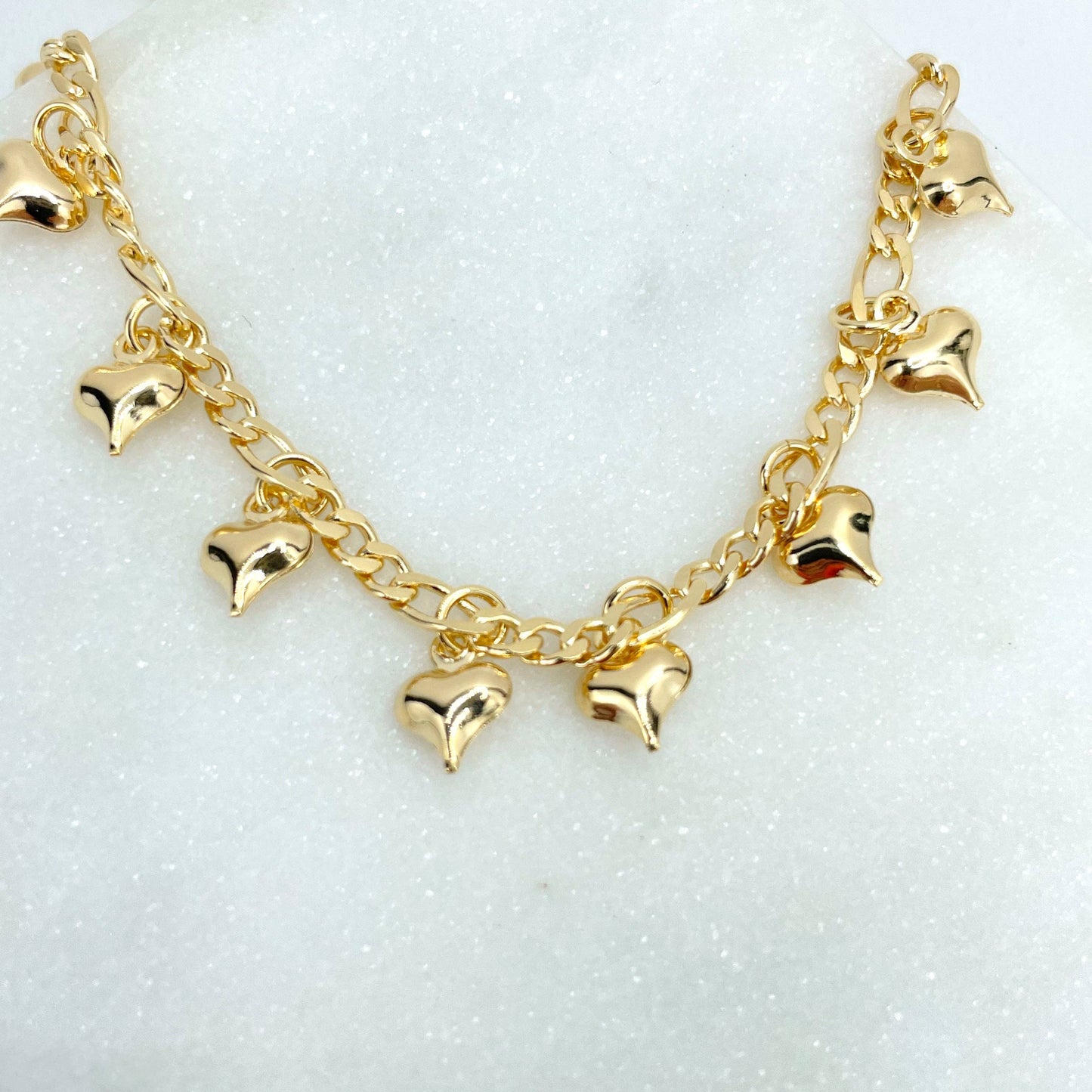 18K Figaro Chain Bracelet with Hearts