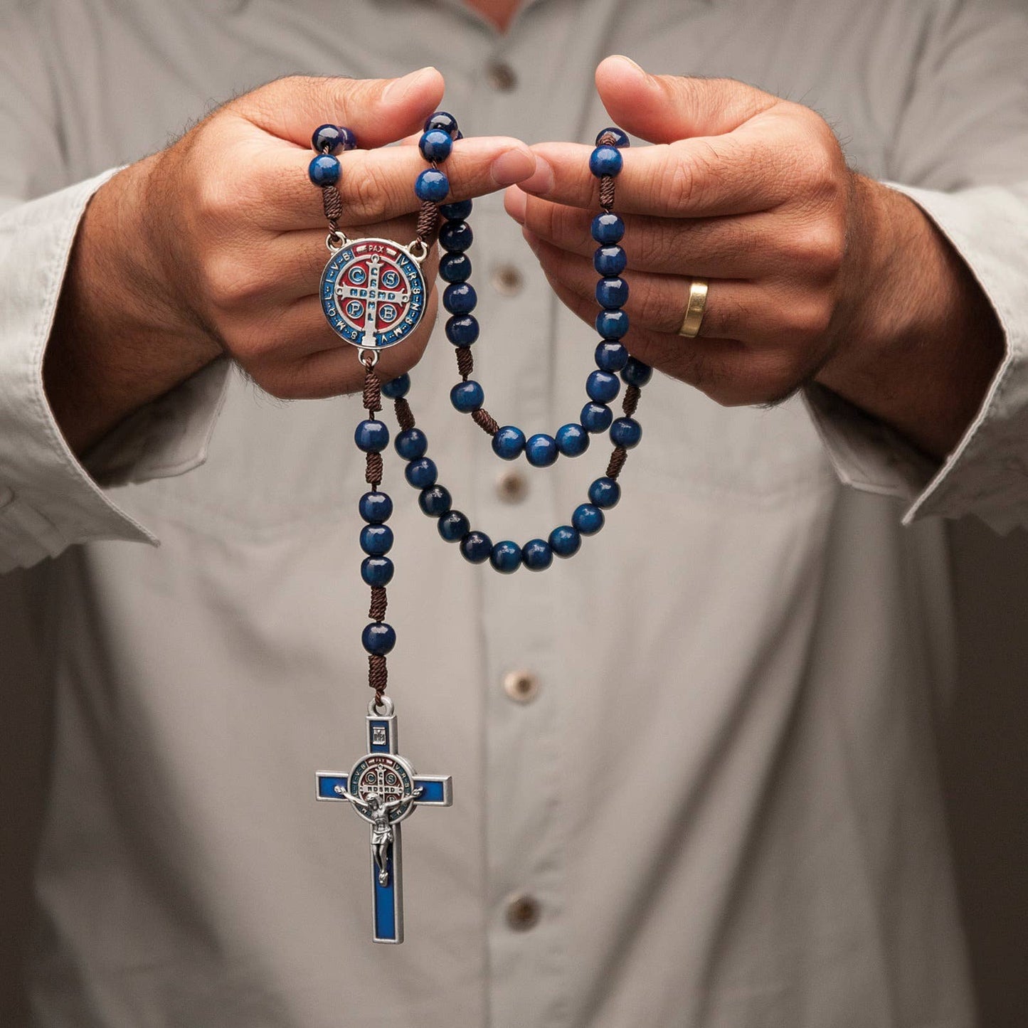 St. Benedict Wooden Rosary (BLUE Resin) 20"