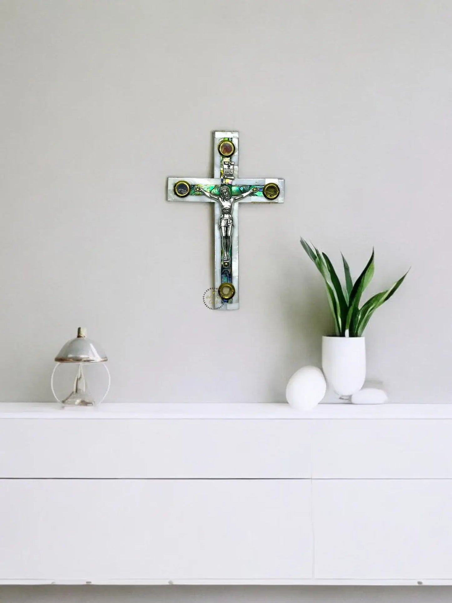 Olive Wood With Mother of Pearl Full Wall Cross with Corpus