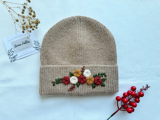 Tan Hand-Embroidered Beanie, Collection Noelle: 3. Roses