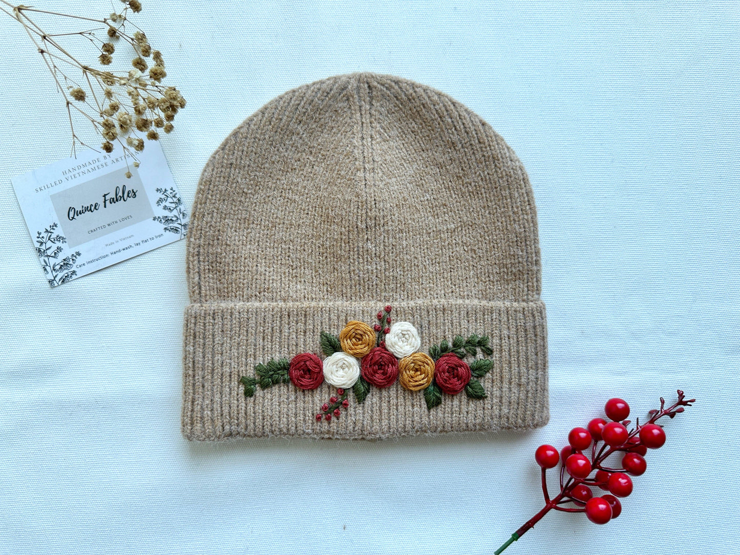 Charcoal Hand-Embroidered Beanie, Collection Noelle: 2. 3D Roses