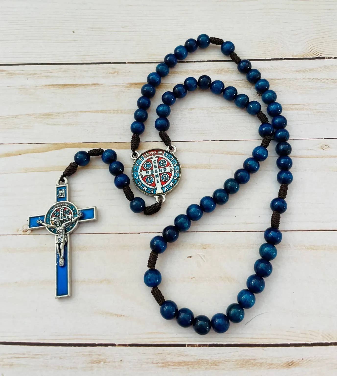 St. Benedict Wooden Rosary (BLUE Resin) 20"
