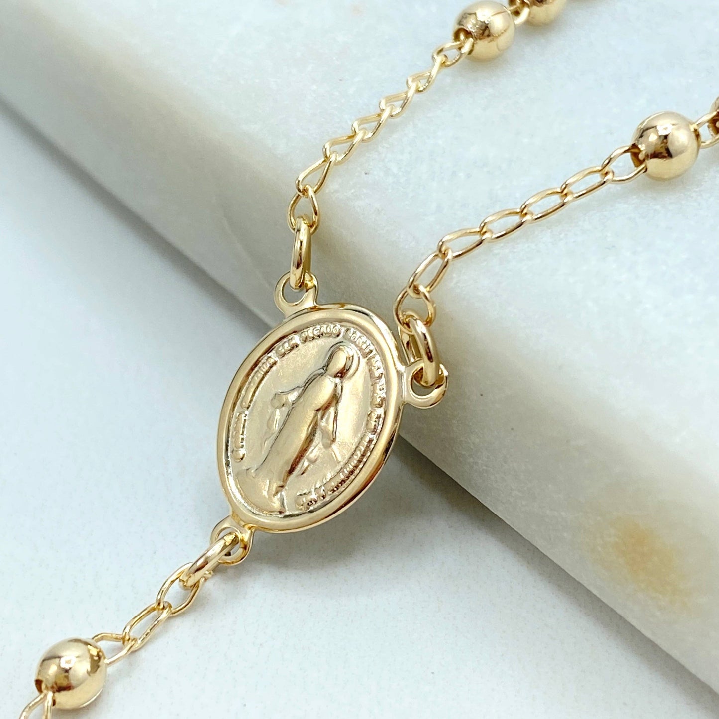 Rosary with La Milagrosa Charm, Gold Balls with Miraculous Virgin 18k Gold Filled Gold Beaded