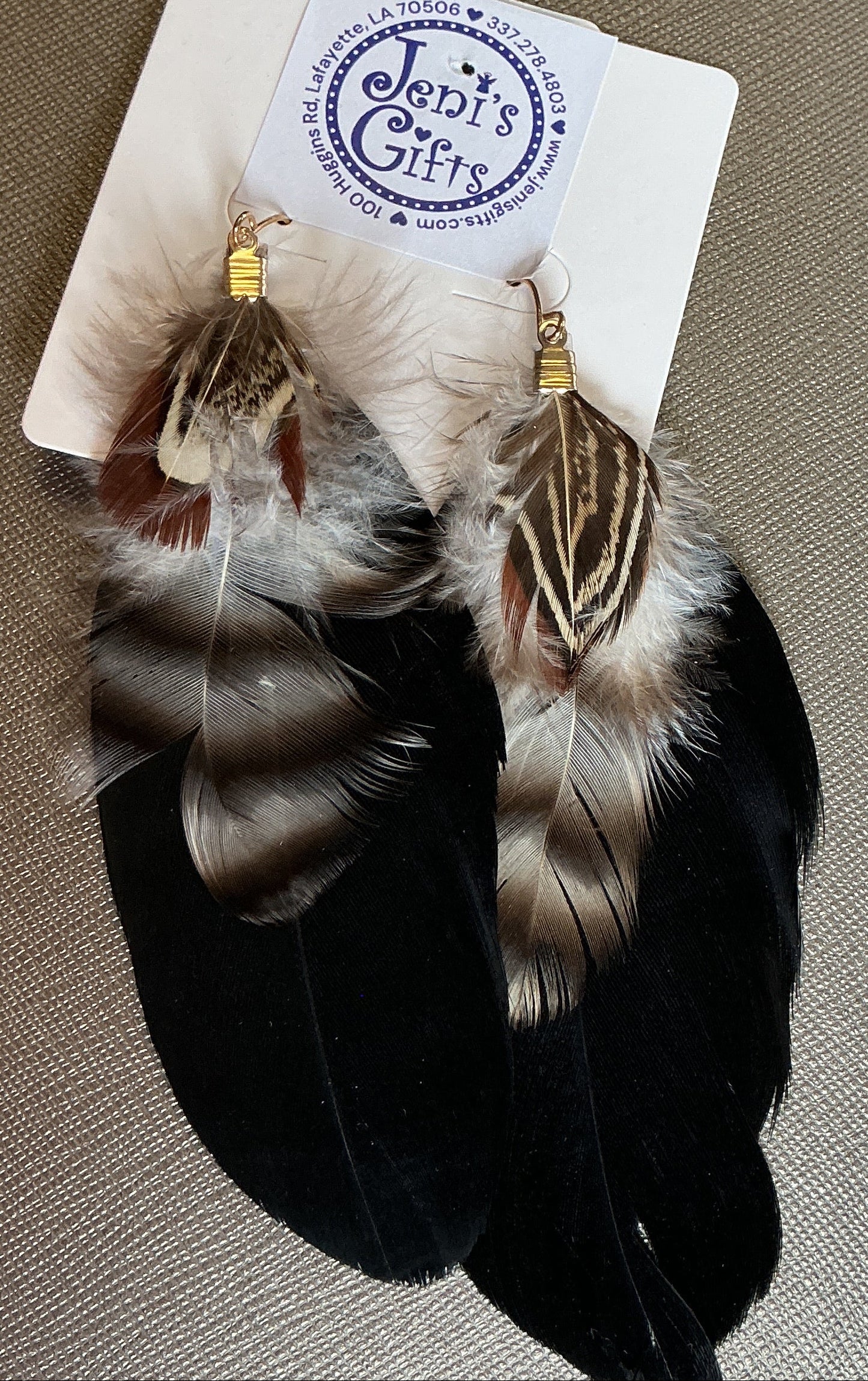 Black, Brown, White Feather Dangles