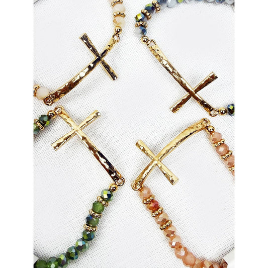 Hammered Cross Bead Stretch Bracelet: Mixed colors