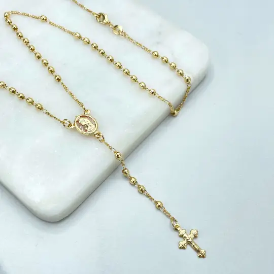 18K Beaded Rosary Necklace with Mary Medal