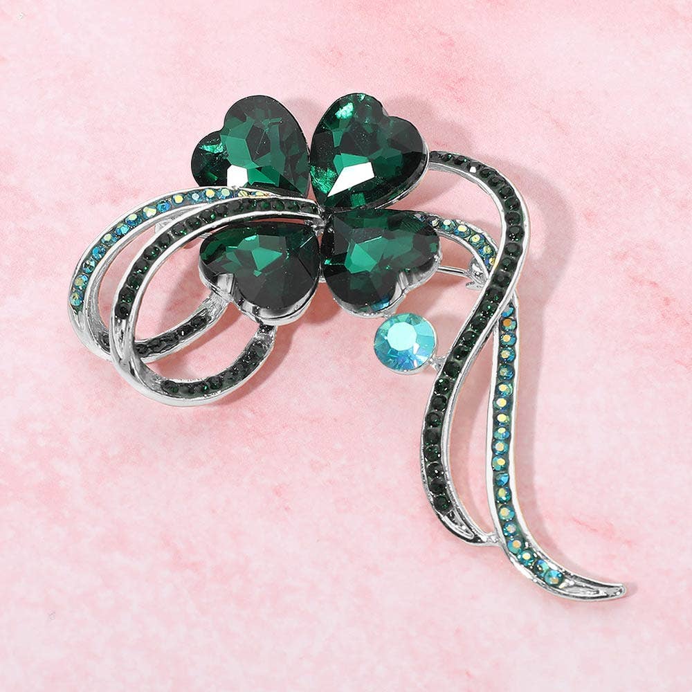Clover ribbon Pin Brooch: Emerald,Gold