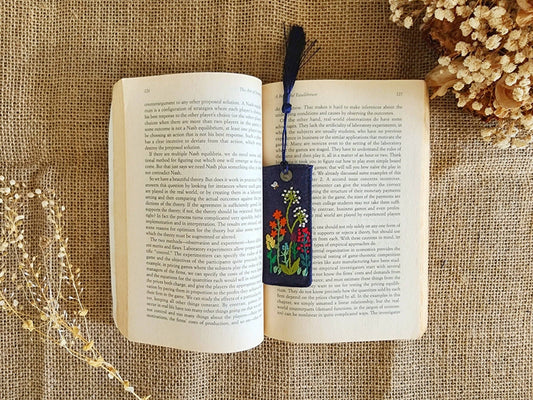Vintage Linen Bookmark Navy with Floral Garden Embroidery