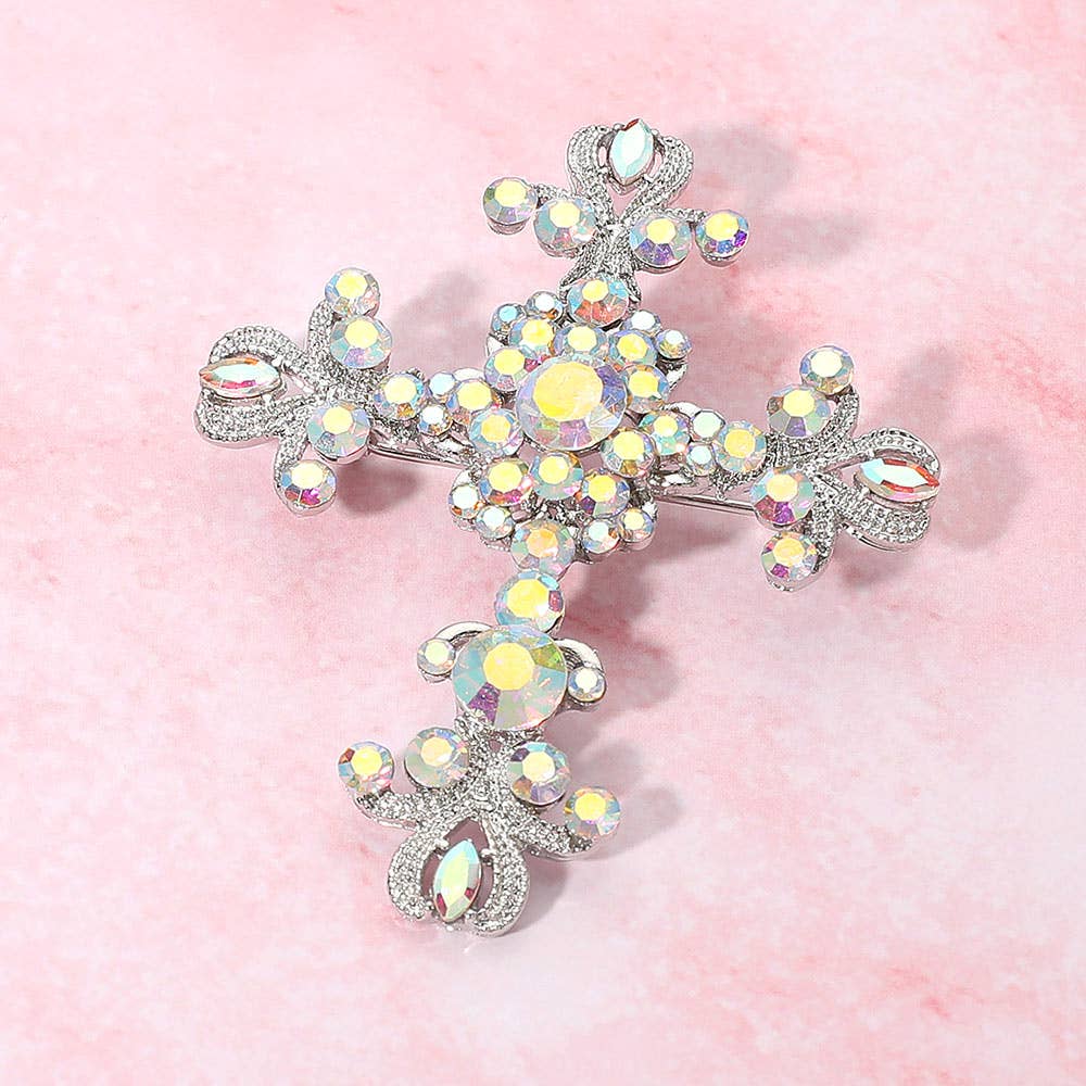 Silver Cross Brooch Elegant Stone Embellished