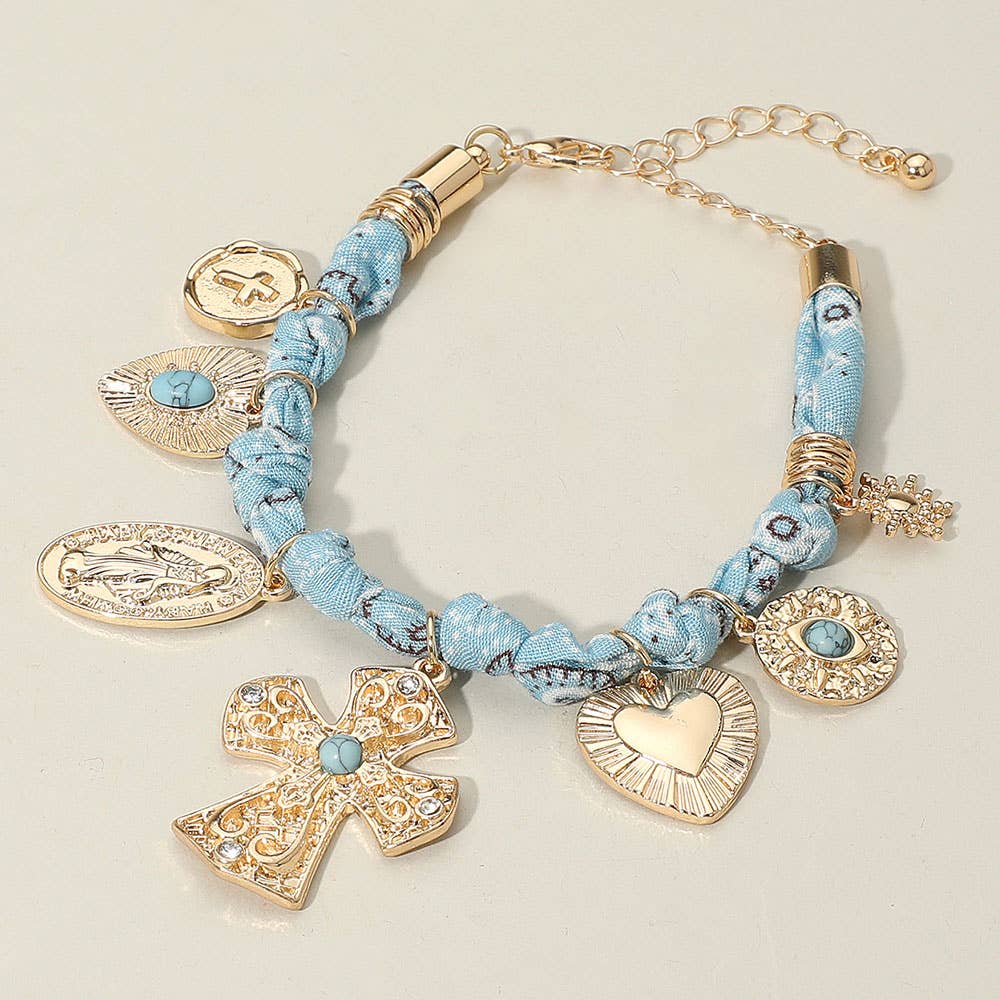 Chunky Religious Cross Heart Charm Station Fabric Chain Bracelet: Black,Gold