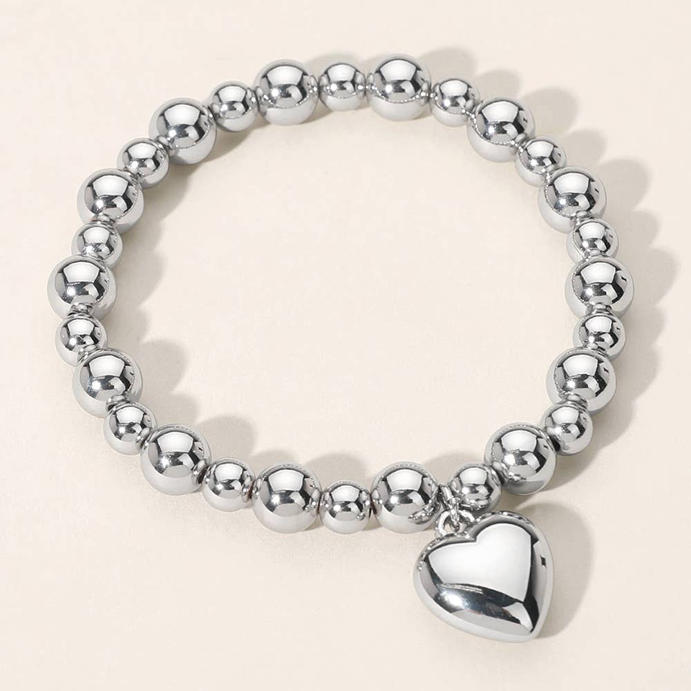 Heart Charm Ball Beaded Stretch Bracelet: Silver