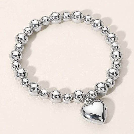 Heart Charm Ball Beaded Stretch Bracelet: Silver